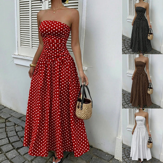 Elegant Polka-dot Off-shoulder Dresses Solid Color Strapless Lady High-waist Robe Commuting Party Business Beach Holiday Outfit